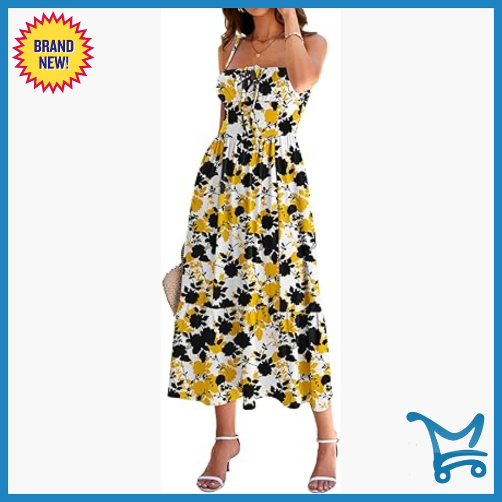 Flowy A-Line Midi Sundress With Pockets, Spaghetti Strap, Square Neck